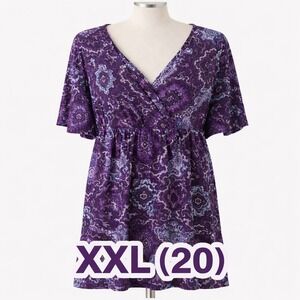 Faded Glory XXL Purple Paisley Tunic Top Empire Waist Short Sleeve Stretch Flowy